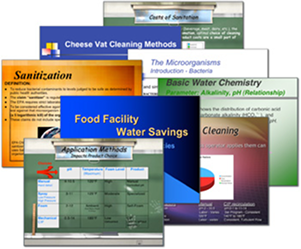 Collage of presentation slides covering topics like cheese vat cleaning, sanitization, food facility water savings, and basic water chemistry.