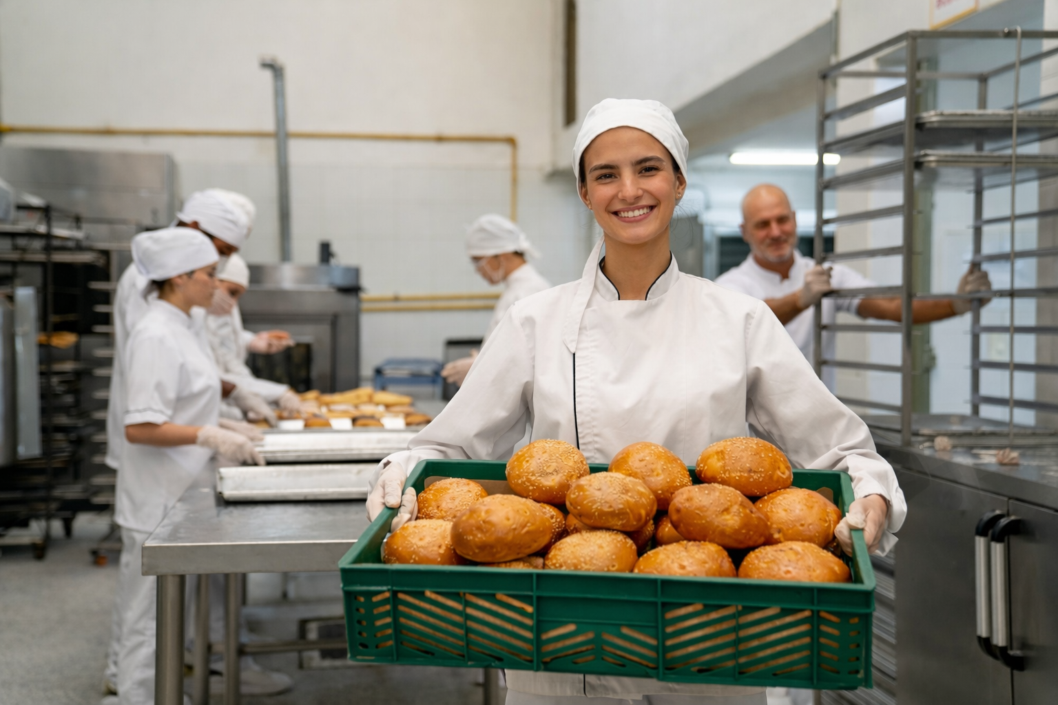 Bakery worker smiling while holding a tray of freshly baked bread rolls in an industrial kitchen setting.