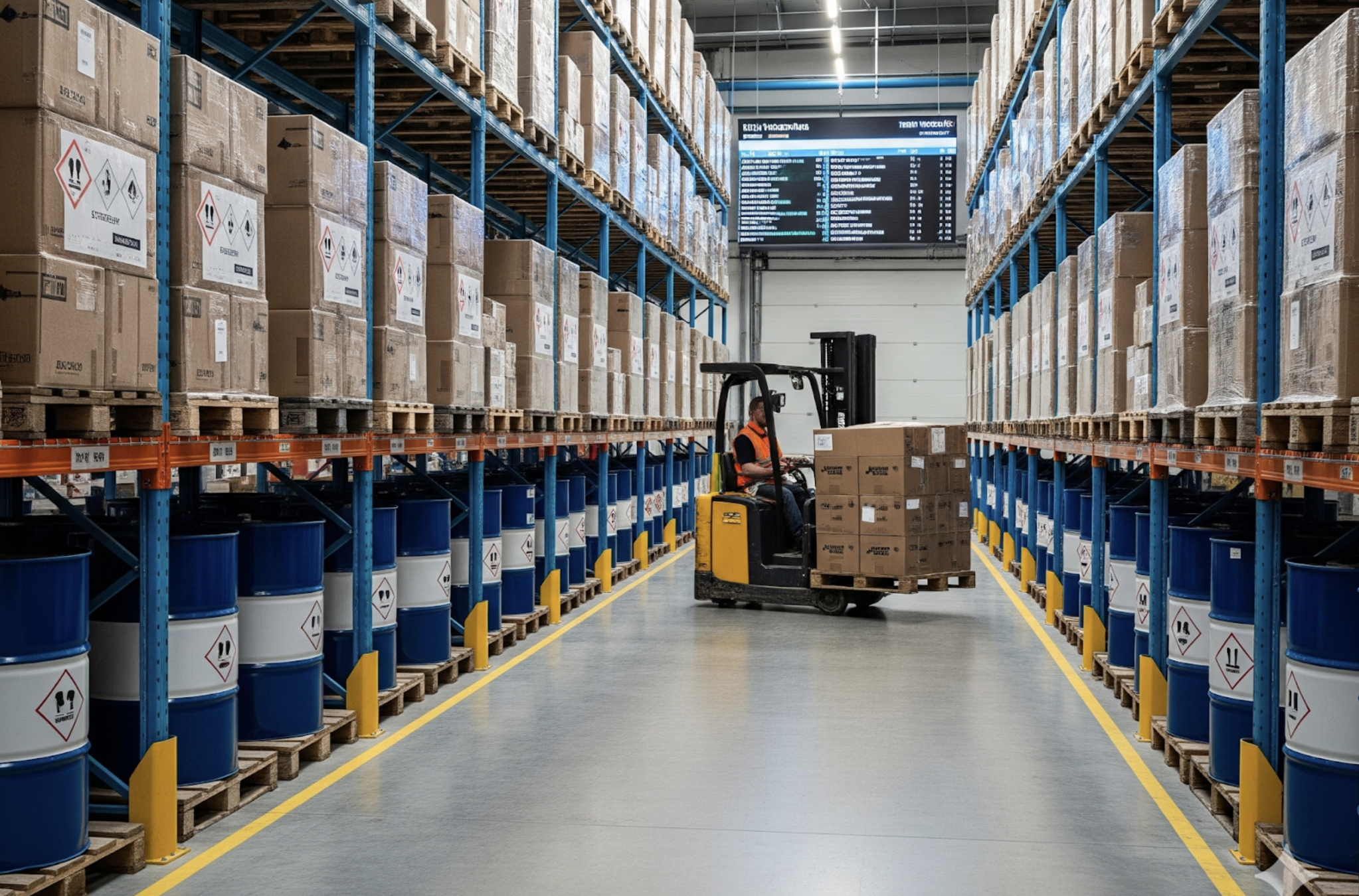 A worker operates a forklift in a warehouse aisle, moving a pallet of boxes surrounded by shelves stocked with chemical drums and boxes, illustrating the scale and organization of Anderson Chemical Company's custom manufacturing operations.
