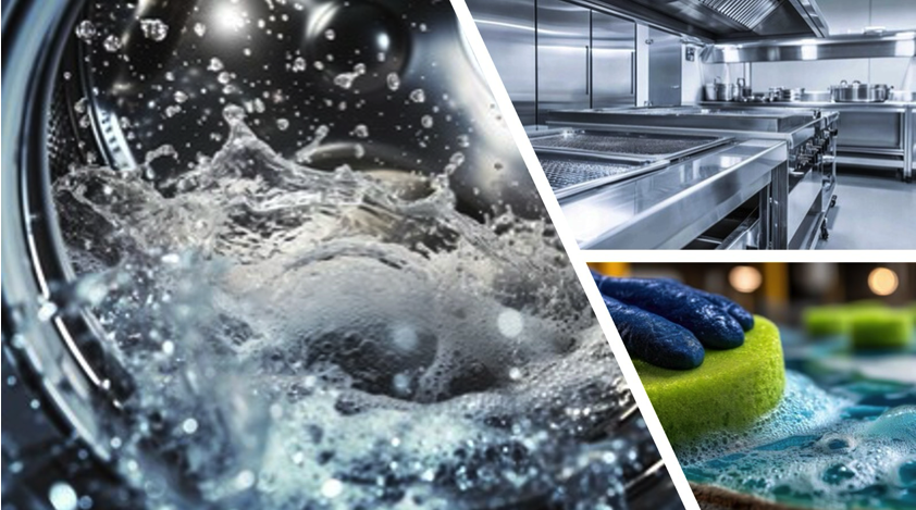 Collage of a washing machine with water splashing, a commercial kitchen, and a sponge with cleaning foam, representing sanitation and cleanliness in hospitality.