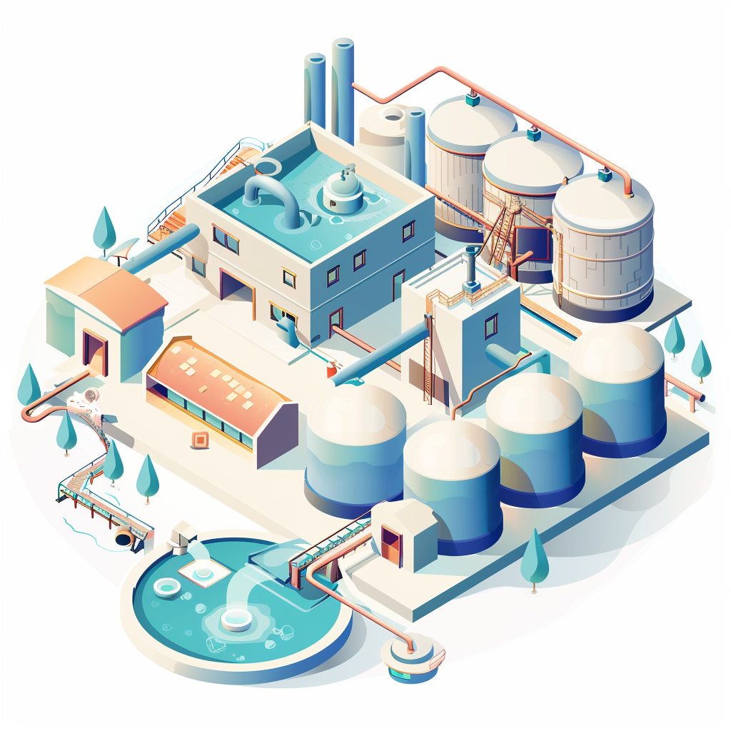 Isometric illustration of an industrial facility with tanks and pipes, representing manufacturing processes, related to Anderson Chemical Company's services.