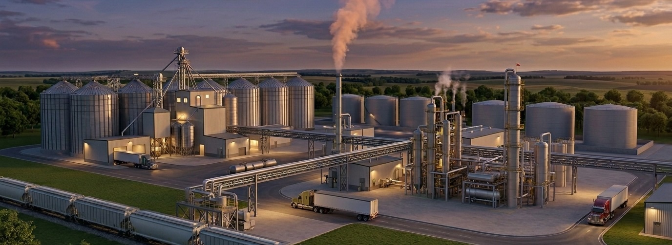 Grain processing facility with large silos and industrial structures, surrounded by trucks and greenery at dusk.