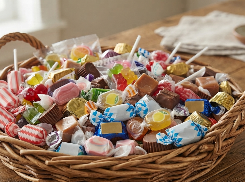 A wicker basket filled with assorted colorful candies, including wrapped sweets and lollipops, placed on a wooden table.
