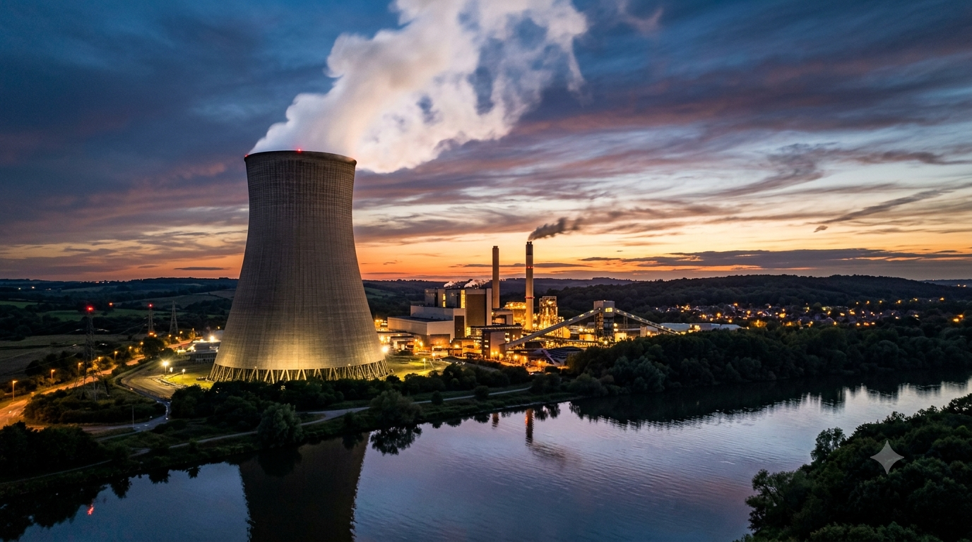 Industrial cooling tower emitting steam at sunset, reflecting on a nearby body of water, illustrating water management solutions.