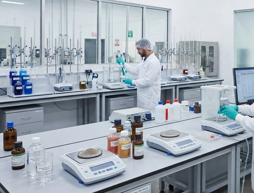 Quality control laboratory with technicians analyzing water treatment products, featuring equipment and a sign reading "PUREFLOW SOLUTIONS Premium Quality Water Treatment."