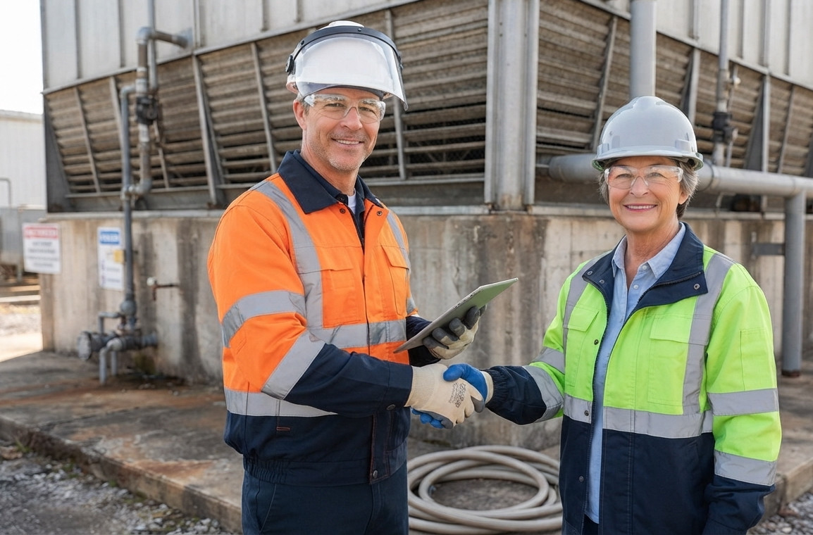Two workers wearing safety gear shake hands in front of industrial water management equipment, symbolizing Anderson Chemical Company's commitment to service and expertise.