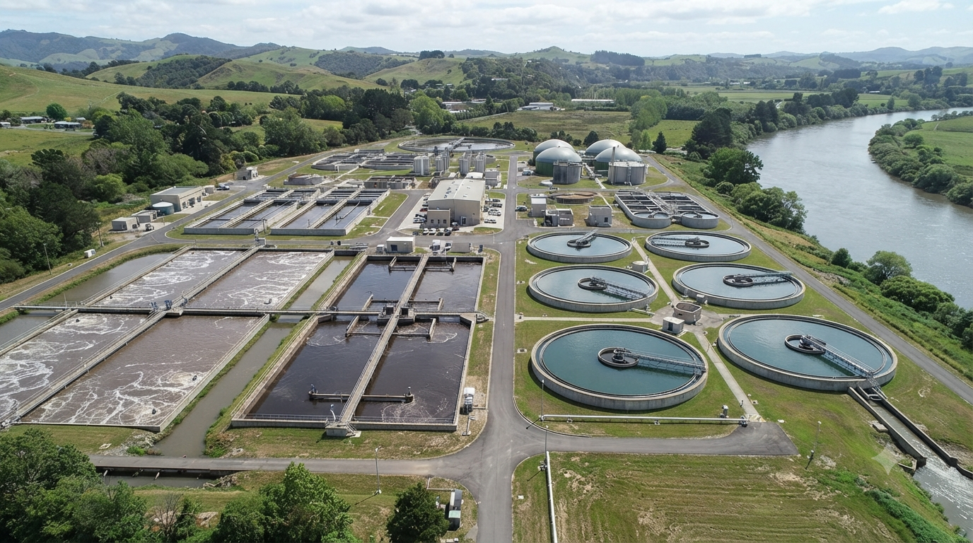 Aerial view of a wastewater treatment plant with multiple circular and rectangular tanks, situated near a river and surrounded by green hills.