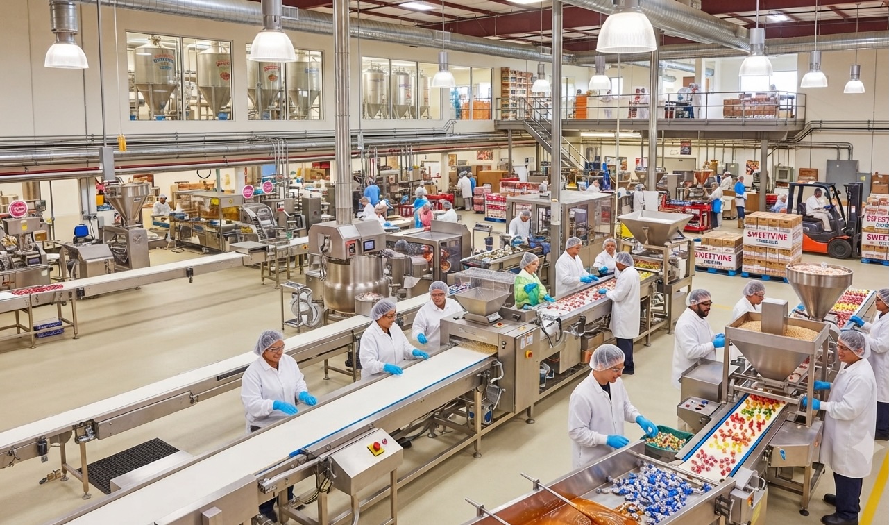 Workers in a candy manufacturing facility operate machinery and inspect products on conveyor belts.