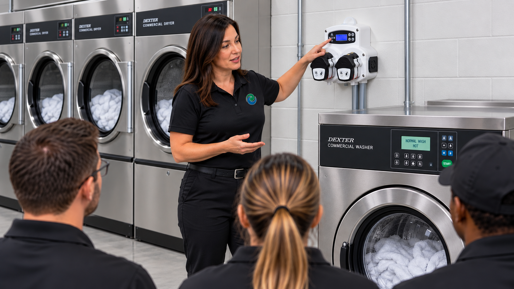 Employee demonstrating the use of commercial laundry equipment to a group, highlighting Anderson Chemical Company's expertise in Distributor Solutions for efficient and effective cleaning processes.