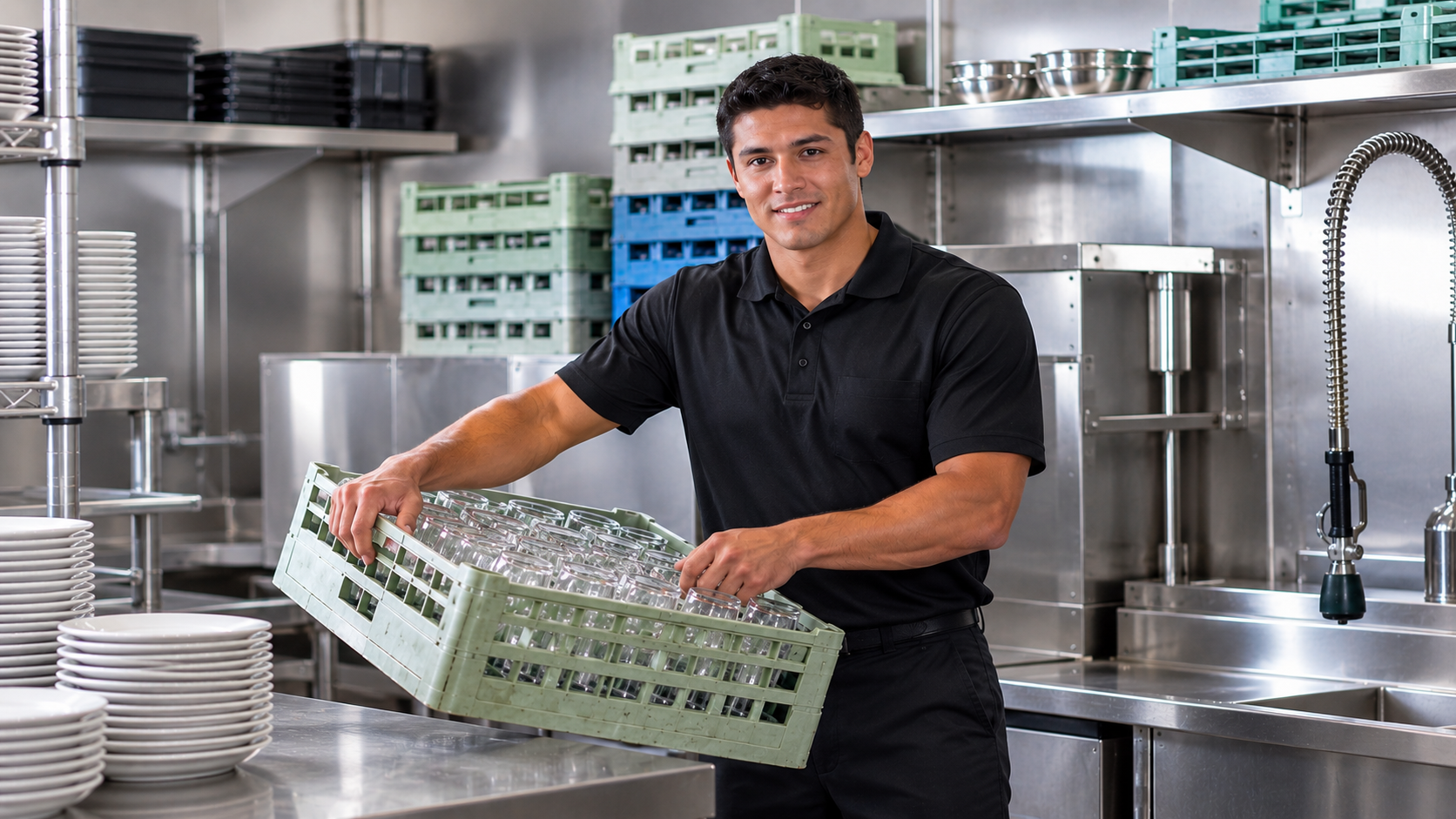 Worker in a commercial kitchen holding a rack of clean glasses, surrounded by stainless steel equipment and stacks of dishes.