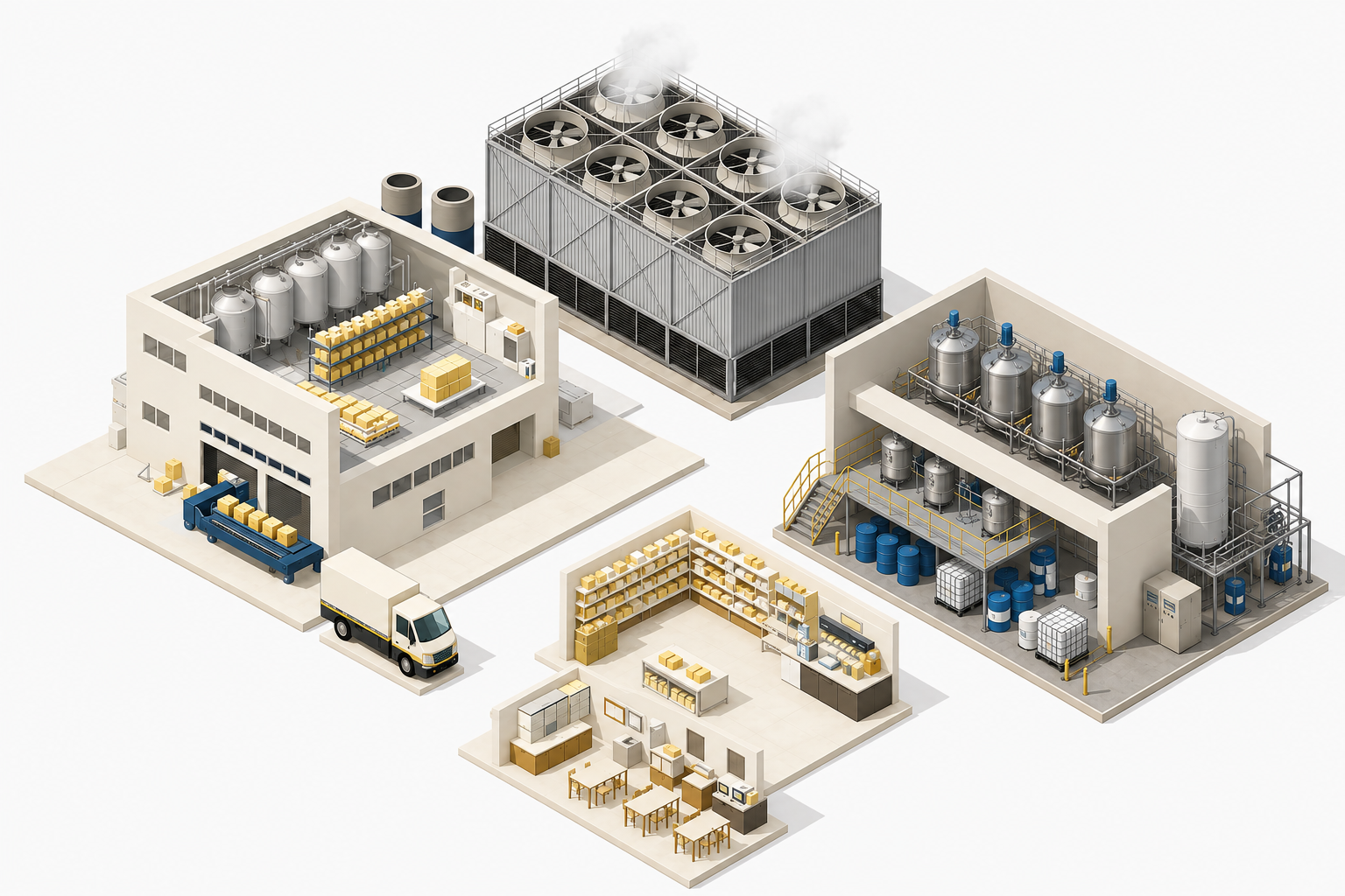 Illustration of an industrial facility layout with buildings for storage, manufacturing, and processing, featuring tanks, a delivery truck, and cooling towers.