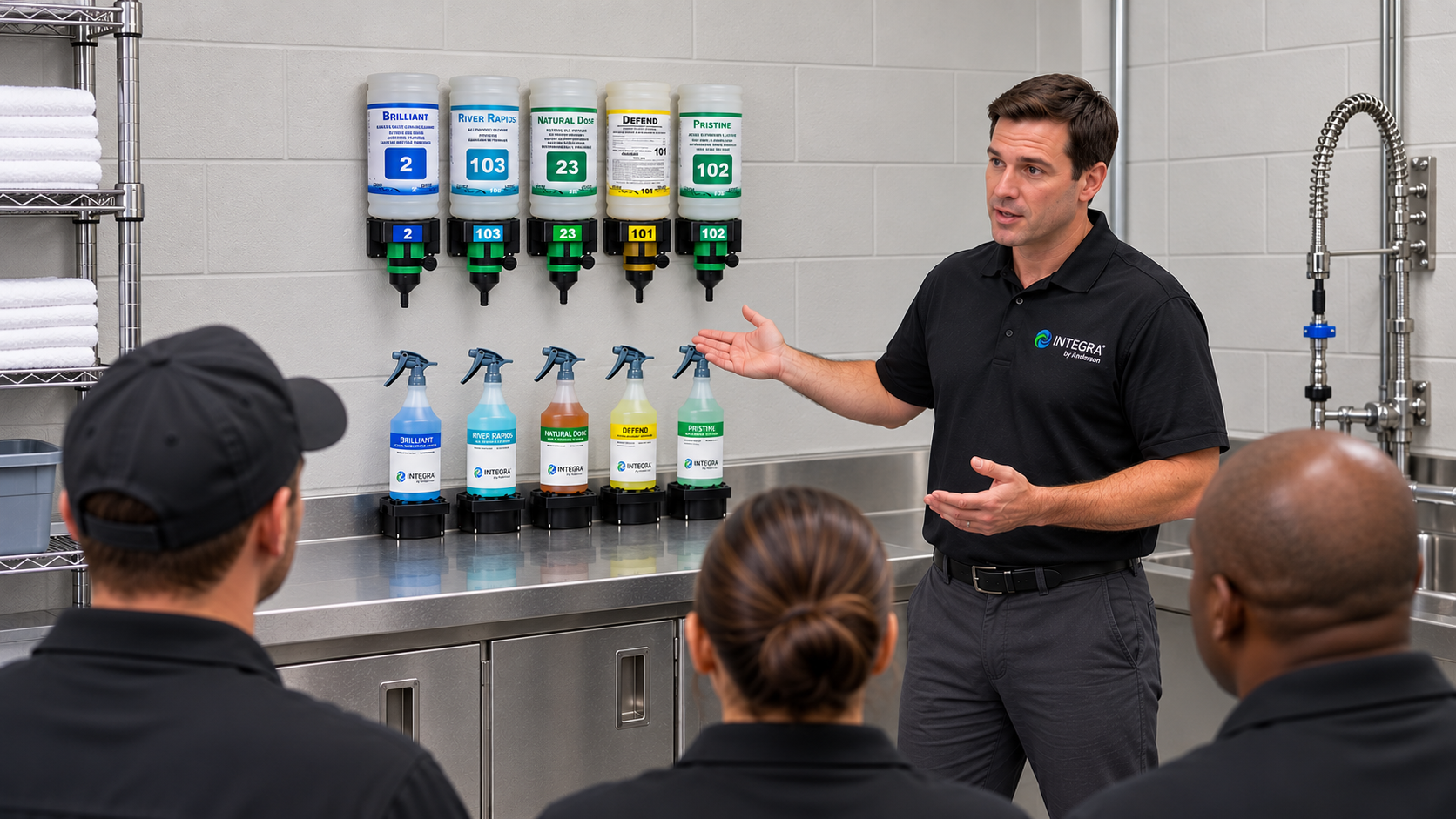A representative from Anderson Chemical Company explains the use of various cleaning products to a group of employees in a commercial kitchen setting.