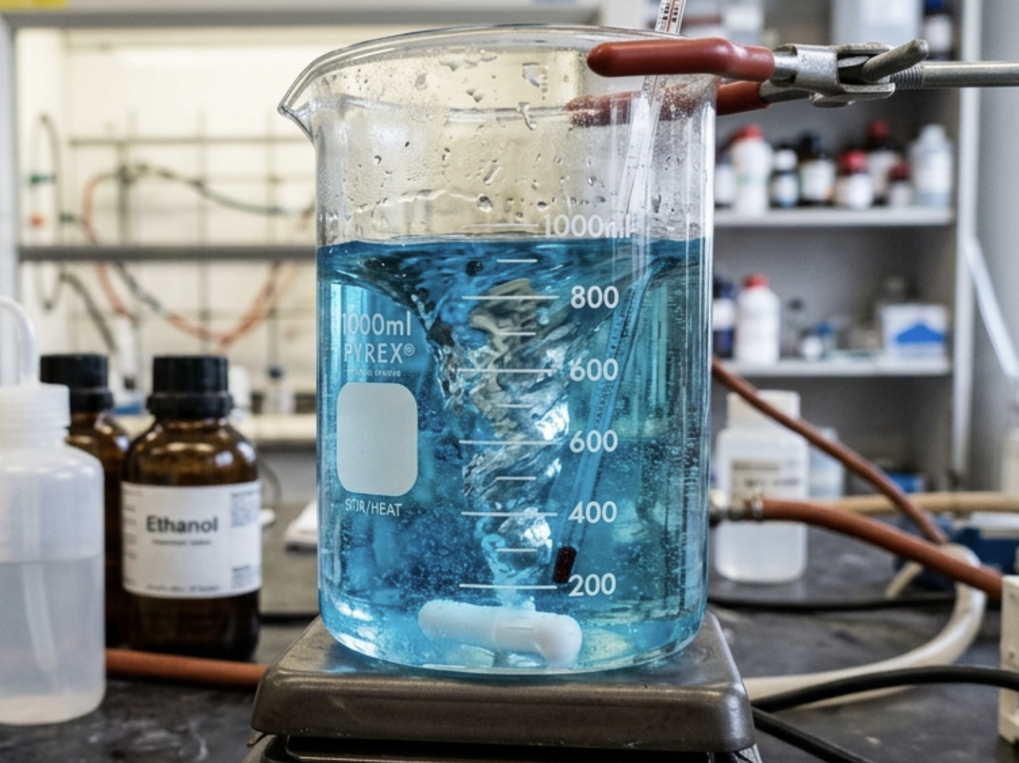 Beaker filled with blue liquid on a laboratory stirrer, surrounded by bottles and lab equipment, illustrating chemical processes.