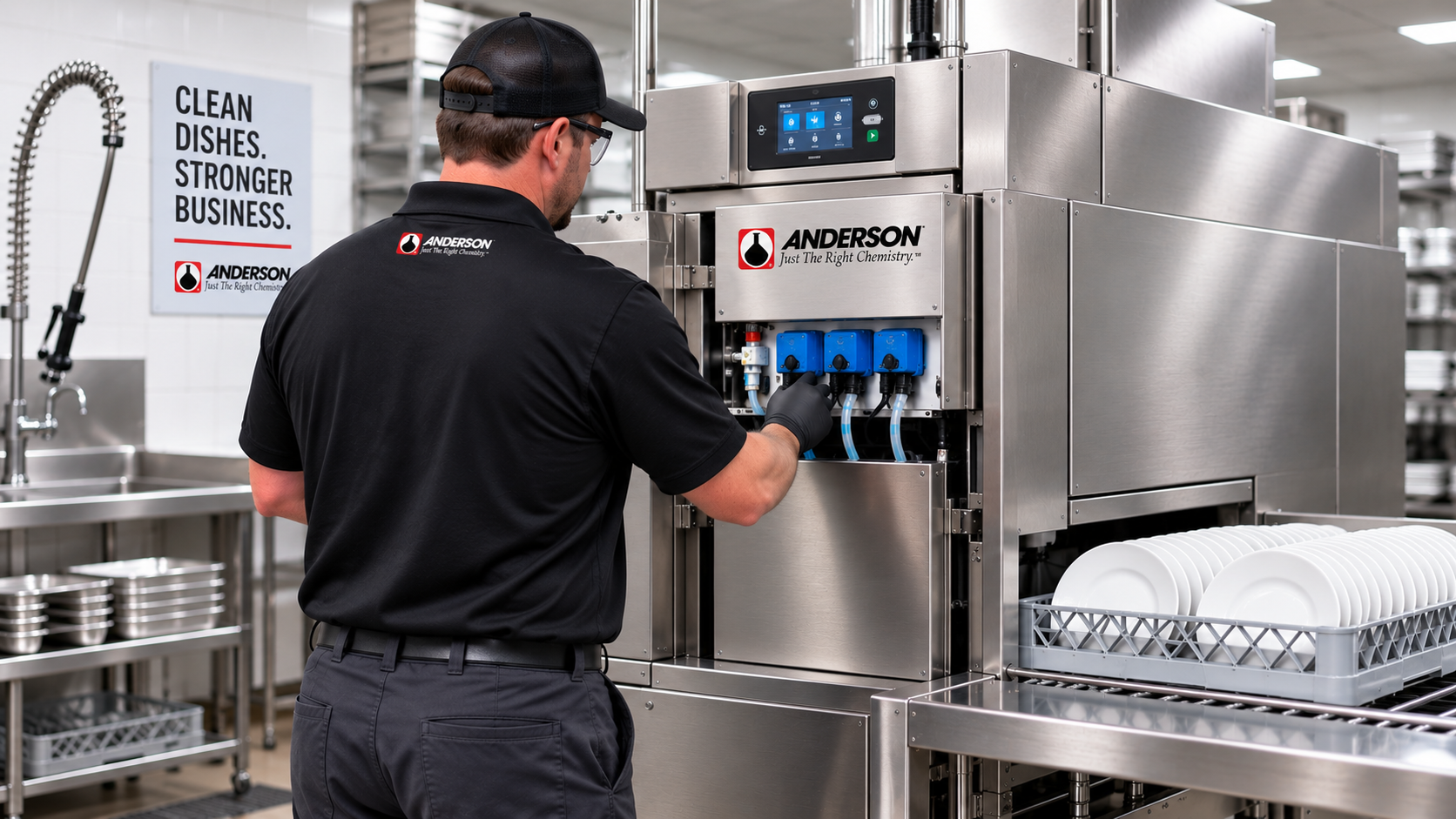 Technician operating a commercial dishwashing machine in a kitchen, with an Anderson Chemical Company logo on their uniform and a sign reading "Clean Dishes. Stronger Business." in the background.