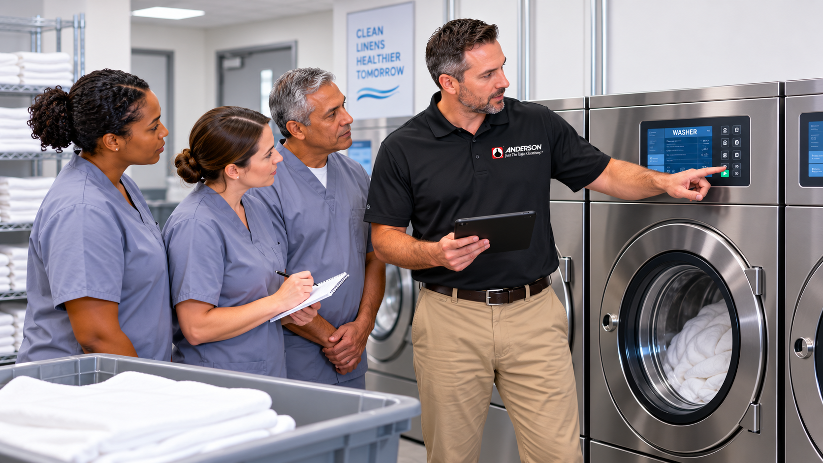 Instructor demonstrating laundry equipment to three staff members in a facility, emphasizing training and expertise in Distributor Solutions.