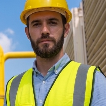 Worker in a yellow hard hat and reflective vest standing outdoors near industrial equipment, representing water management solutions for restaurants and food service.