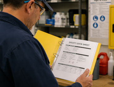 Person reviewing a safety data sheet in a binder, surrounded by shelves with various chemical containers.
